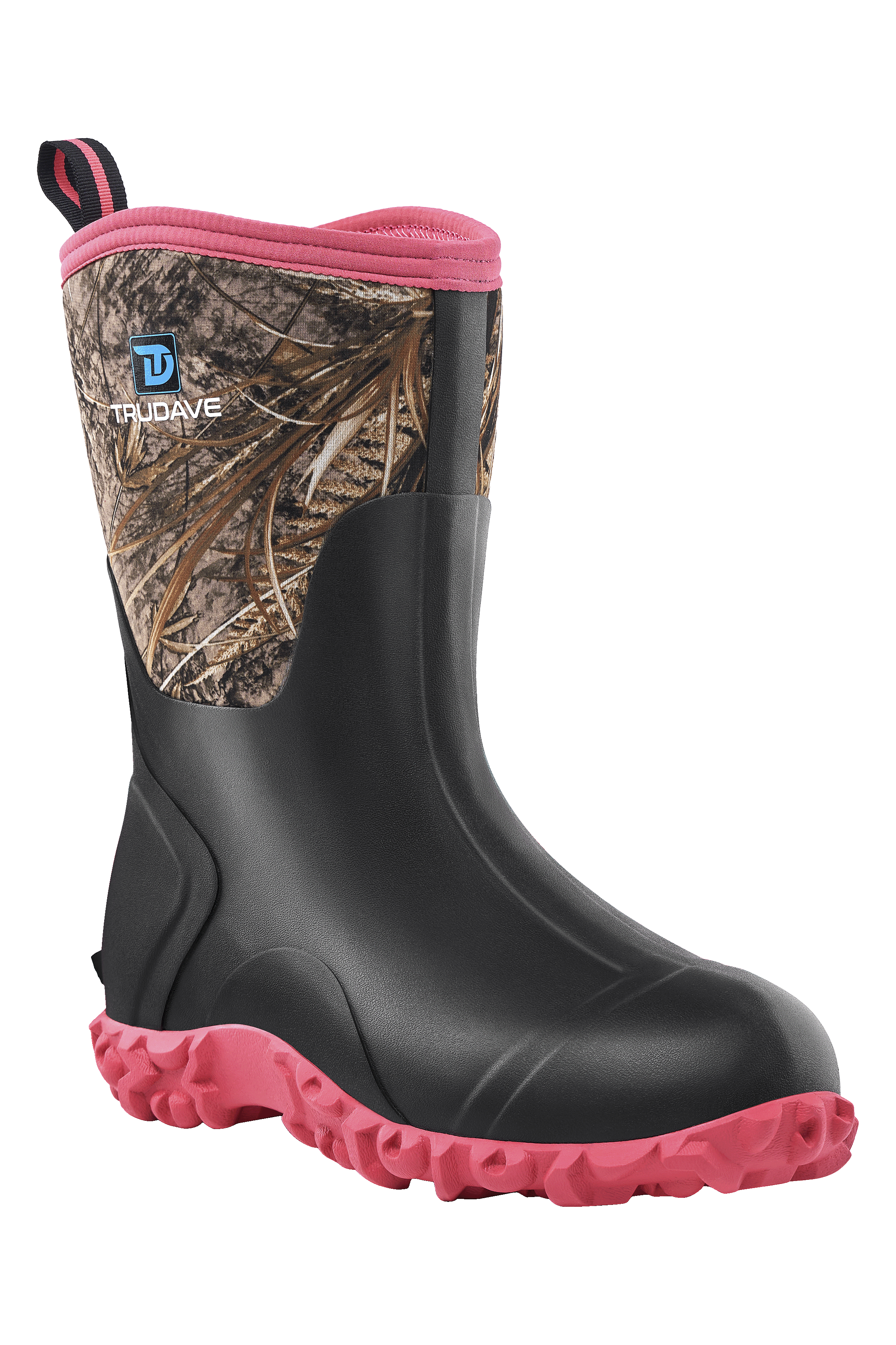 Side view of Trudave MudTrek Series mid-calf waterproof rubber rain boots – pink camo design featuring durable waterproof shell and slip-resistant sole for everyday rain and outdoor use